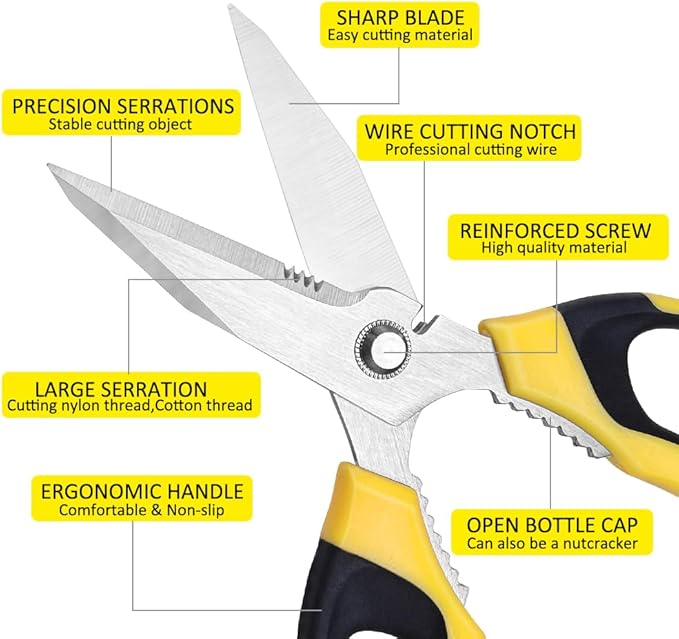 Utility Scissors Heavy Duty, Ultra Sharp Blade Shears with Protective Case, Multipurpose Stainless Steel Scissors For Cutting Cardboard, Fabric, Carpet, Leather, Wire (Yellow Set)