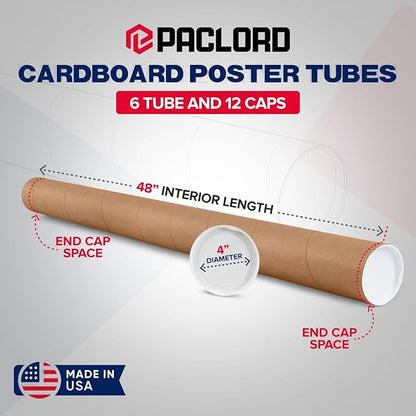 4" x 48" Reinforced Kraft Paper Mailing Tube, Pack of 6 Tube with 2 Caps Each – USPS Approved Poster Tube – Made in USA Cardboard Tube for Shipping and Storing Posters, Prints, Artwork, or Documents