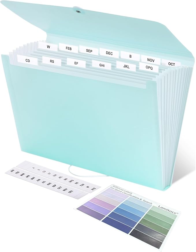 Expanding File Folder A4,13 Pockets File Organiser with Colored Tags, Paperwork A4 Plastic Wallet Document Storage Expander for School,Office and Home, Light Green