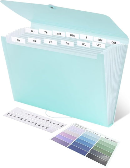 Expanding File Folder A4,13 Pockets File Organiser with Colored Tags, Paperwork A4 Plastic Wallet Document Storage Expander for School,Office and Home, Light Green