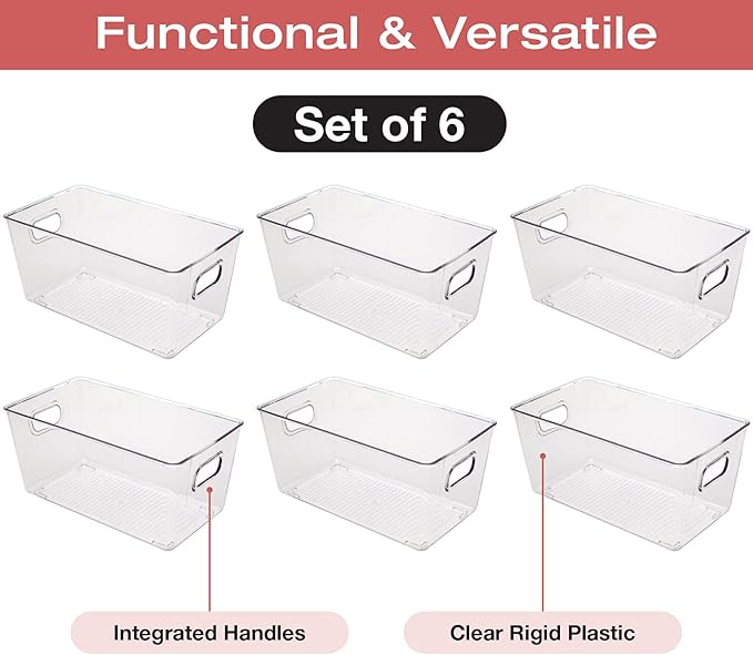 Excello Global Products 9.25" x 5.23" x 4.52" Rigid Plastic Clear Storage Bins for organizing and storing household goods, food, or Office supplies (Pack of 6)