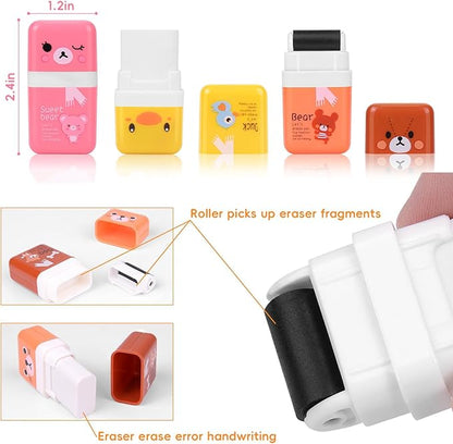 12Pack of Pencil Erasers,Pencil Eraser Shaving Roller Case for Easy Pick Up and Removal | Animal Themed Cute and Fun Party Favor and School Supplies for Kids,Back to School Gift
