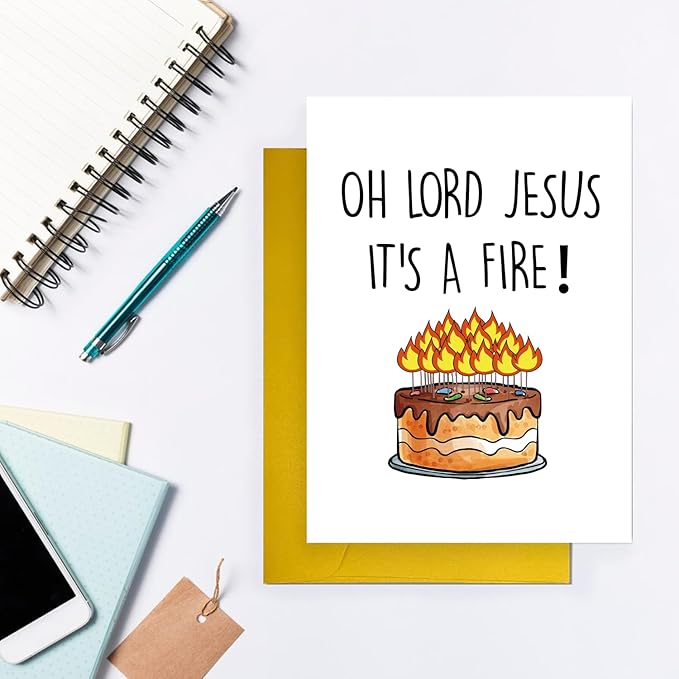 Funny Birthday Cake Card for Friend Bestie Women, Snarky Humor Happy Birthday Card for Him & Her - Oh Lord Jesus It's A Fire