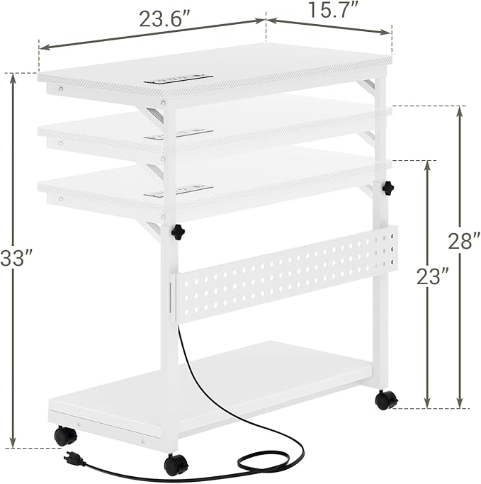 Computer Tower Stand with Power Strips, Height Adjustable PC Tower Stand/Cart with Wheels, Mobile Rolling CPU Holder, Computer Cart Side Stand for Computer Desk, 24", Carbon Fiber White