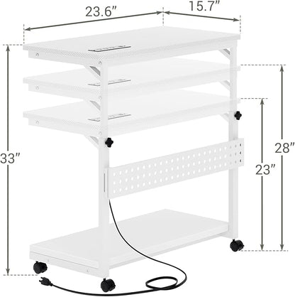 Computer Tower Stand with Power Strips, Height Adjustable PC Tower Stand/Cart with Wheels, Mobile Rolling CPU Holder, Computer Cart Side Stand for Computer Desk, 24", Carbon Fiber White
