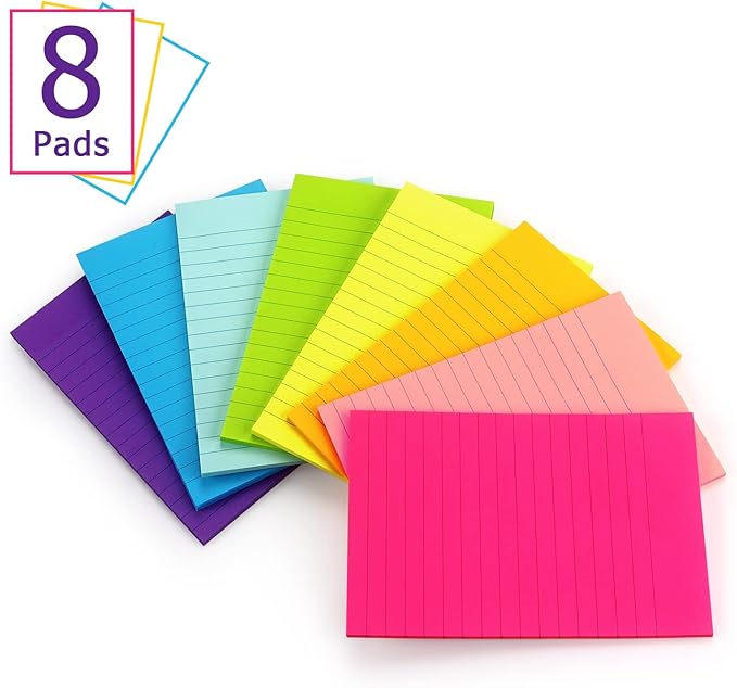 Eastern Wolf 8 Pads Lined Sticky Notes 4x6 Sticky Notes with Lines Self-Stick Note Pads 8 Bright Multi Colors, 35 Sheet/Pad