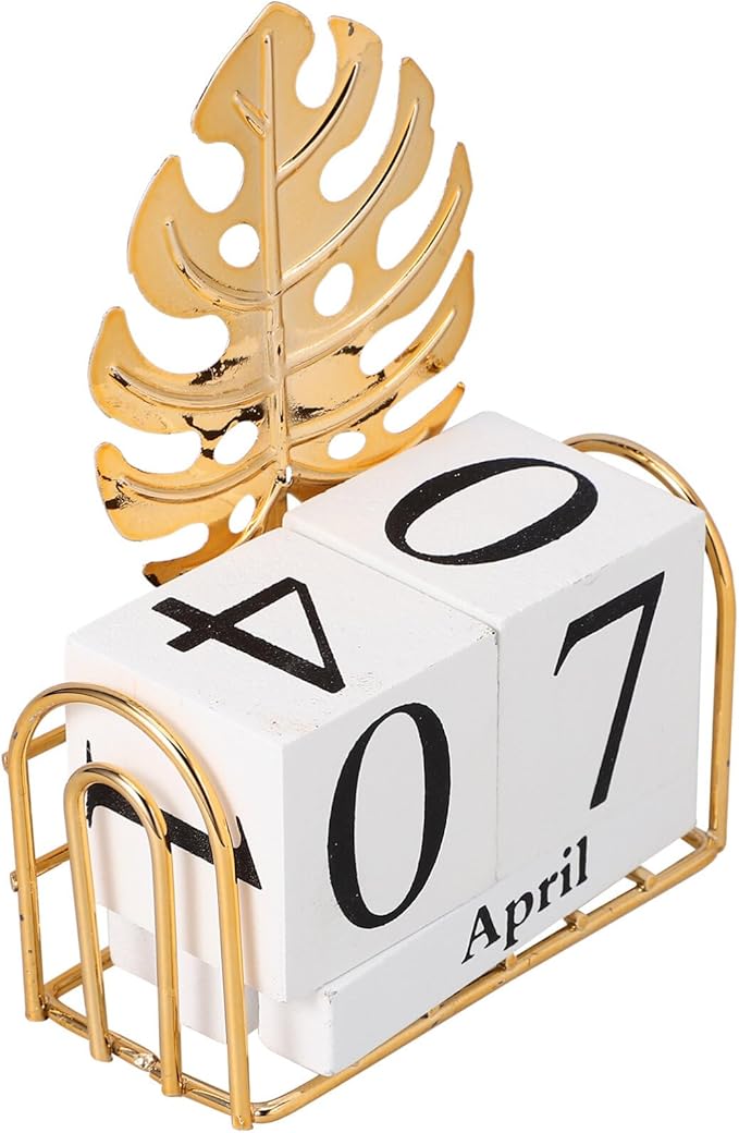 SUPVOX Wooden Block Calendar for Desk Daily Desktop Perpetual Calendar Wood Month Date Display Blocks Farmhouse Desk Accessories for Home Office Decor Reusable Yearly Monstera Leaf Design