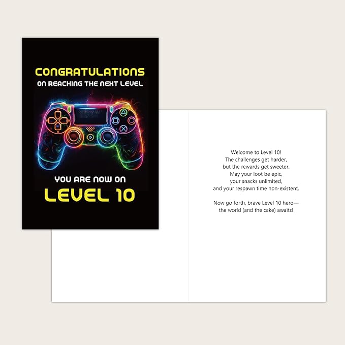 Gooji 5x7 Gamer Birthday Card for Boys and Girls - Level-Up Design for Ages 9, 10, 11, 12 - Perfect Gaming Party Greeting Card (10Y)