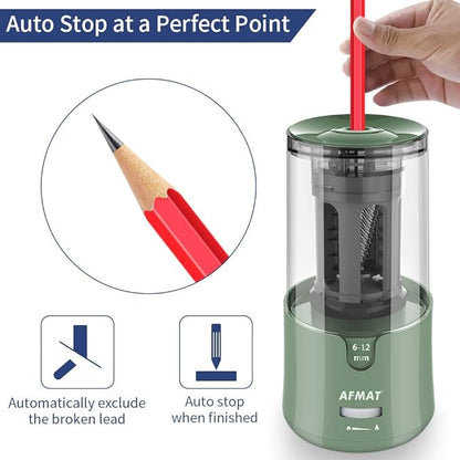 AFMAT Electric Pencil Sharpener, Auto Stop, Super Sharp & Fast, Electric Pencil Sharpener Plug in for 6-12mm No.2/Colored Pencils/Office/Home-Green