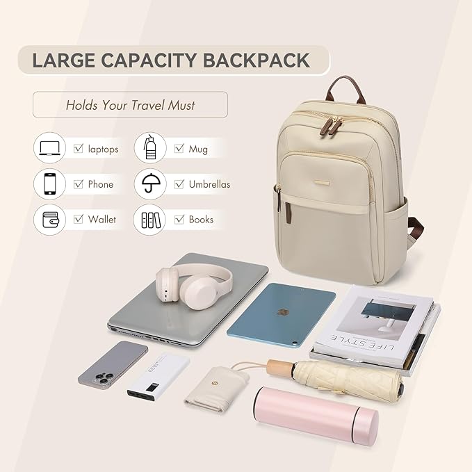Laptop Backpack for Women Travel Work Commute Casual Daypack Backpack Purse Computer Bags Fit 16 Inch Notebook (Apricot)