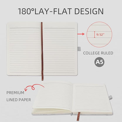 Lined Notebook Journal for Women Men 200 Pages A5 Hardcover Leather with Pen Holder College Ruled Journals for Work Note Taking Travel School (Lined, Gray-B)