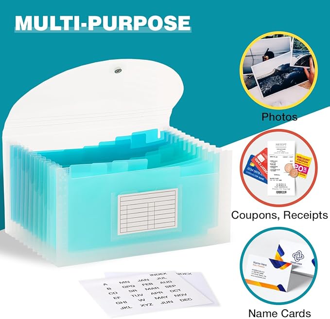 H4D Check Size 13 Pocket Expanding File Folder, Accordion File Organizer Wallet Case for Coupon Receipt Storage, 10 x 5.5 inches, Teal