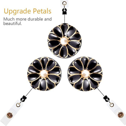 Retractable Badge Holder, ID Badge Reel with Pearl, 3 Pack (Black)