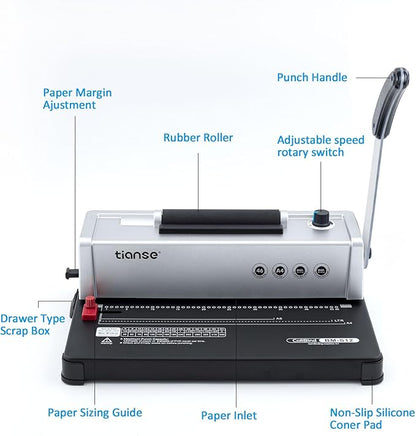 TIANSE Binding Machine, Spiral Coil Binder Machine, Manual Book Maker Punch Binder with Electric Coil Inserter,Suit for Letter Size / A4 / A5 with 100pcs 5/16'' Plastic Coil Binding Spines & Plier