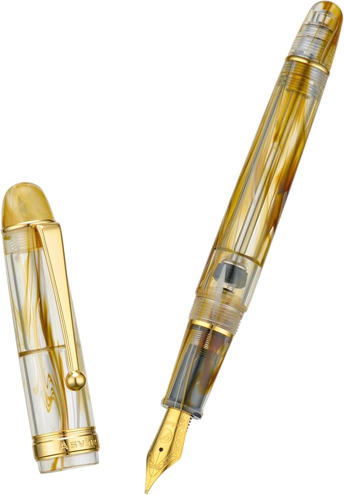 Asvine V126 Vacuum Filling Fountain Pen Fine Point, Brown Swirl Transparent Acrylic Pen Gift Case