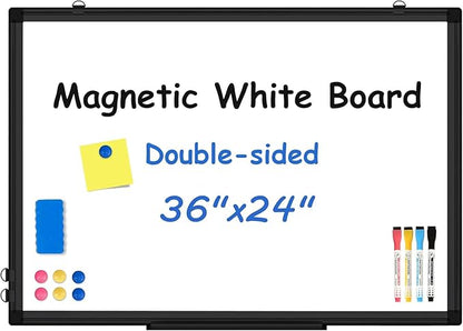 Double-Sided White Board Black Aluminium Frame, 36" x 24" Dry Erase Board Magnetic Whiteboard for Wall, Hanging Mounted Whiteboard Home, School, Office, Kitchen