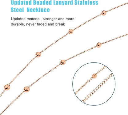 Retractable Badge Reel Lanyard with 2 Pieces ID Holder for Women, Fashion Beaded Chain Premium Stainless Steel Lanyard Necklace Water Resistant Name Badge Holder