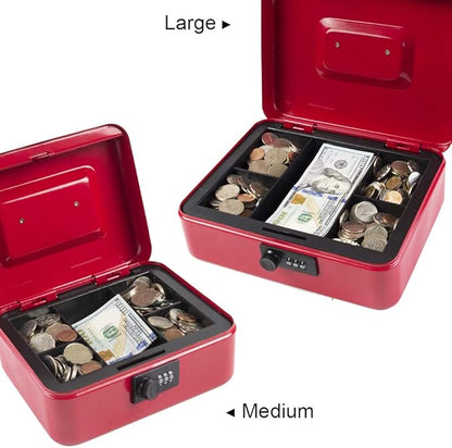 KYODOLED Medium Cash Box with Combination Lock Safe Metal Money Box with Money Tray for Security Lock Box 7.87"x 6.30"x 3.54" Red Medium