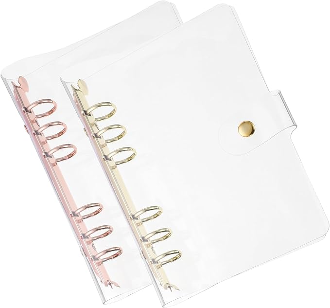 PATIKIL A6 Clear Binder Cover, 2Pcs Soft PVC Loose Leaf Binder Protector Refillable Notebook Shell with Snap Button Closure 6 Ring for DIY Meeting Notebook Folder,Gold Tone and Silver Tone