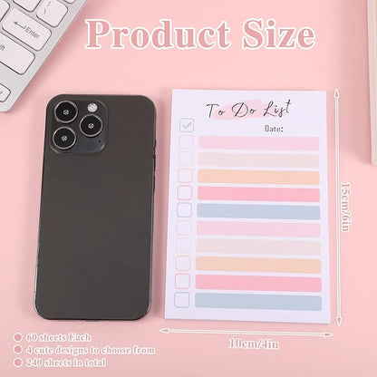 4 Packs to Do List Notepad, 240 Sheets Daily to Do List Sticky Notes 4x6Inches Memo Pad Pastel Candy Color Portable Planner for Coworkers Funny Office Gifts, 4 Cute Designs