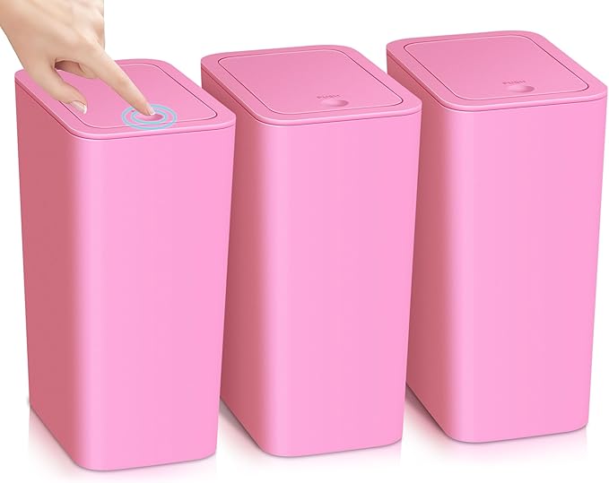 SHPMXUPW 3 Pack Bathroom Small Trash Can with Lid,10L / 2.6 Gallon Slim Garbage Bin Wastebasket with Pop-Up Lid for Bedroom, Office, Kitchen, Craft Room, Fits Under Desk/Cabinet/Sink