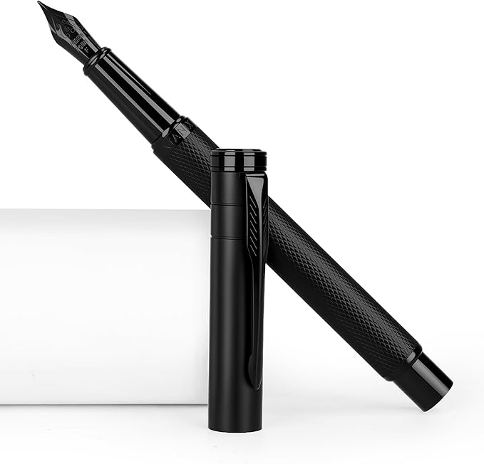 Fountain Pen with Extra Fine Nib - Modern Black Metal Design with Intricate Knurled Grip, Smooth and Skip-Free Writing, Includes Ink Cartridges, Converter, and Protective Sleeve