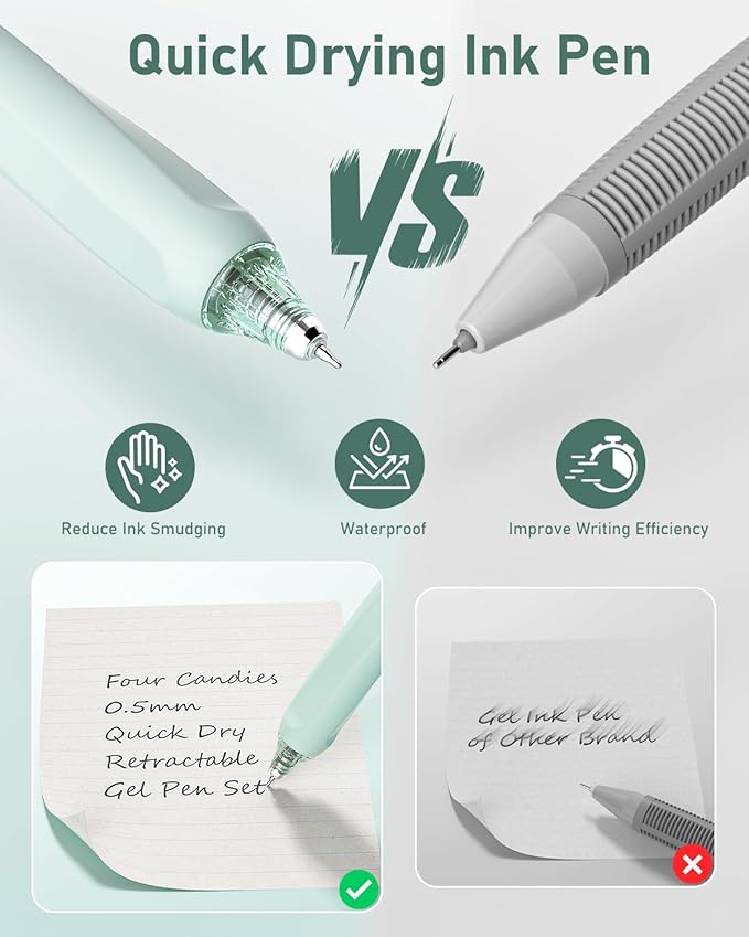 Four Candies 14Pack Pastel Gel Ink Pen Set,Cute Retractable 0.5mm Fine Point Pen,Note Taking Aesthetic Pens,12 Pack Black Ink Pens with 2Pack Highlighter, Smooth Writing Pens for School, Office(Green)