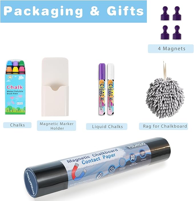 Magnetic Chalkboard Contact Paper for Wall 40" x 18" Self Adhesive Blackboard Wallpaper Peel and Stick Chalk Board Wall Decal Roll with Chalks for Kids Home Playroom Classroom