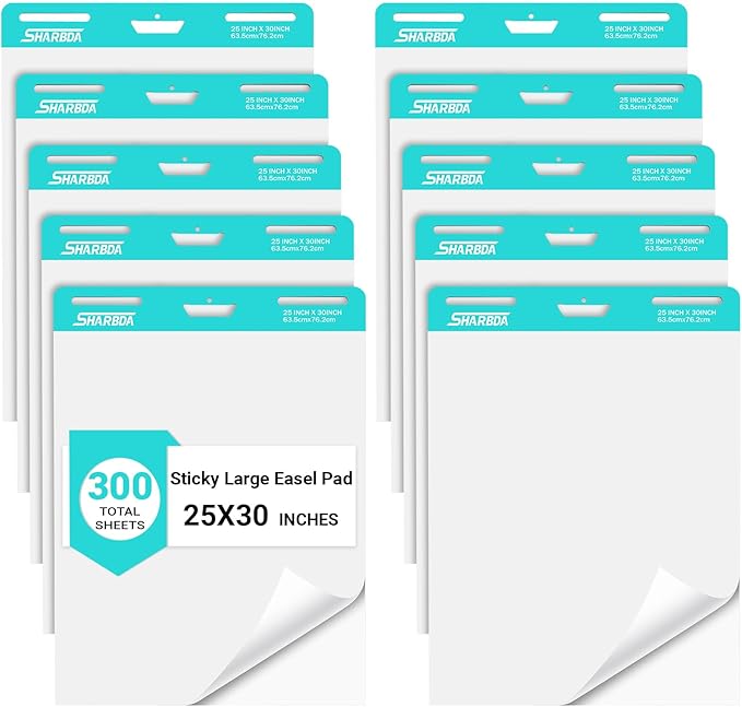 Sticky Easel Pad, 25 in x 30 in,Flip Chart Paper, Chart Paper for Teachers, Large Self-Stick Easel Paper,Super Sticky & Bleed-Resistant,30 Sheets/Pad,10 Pads