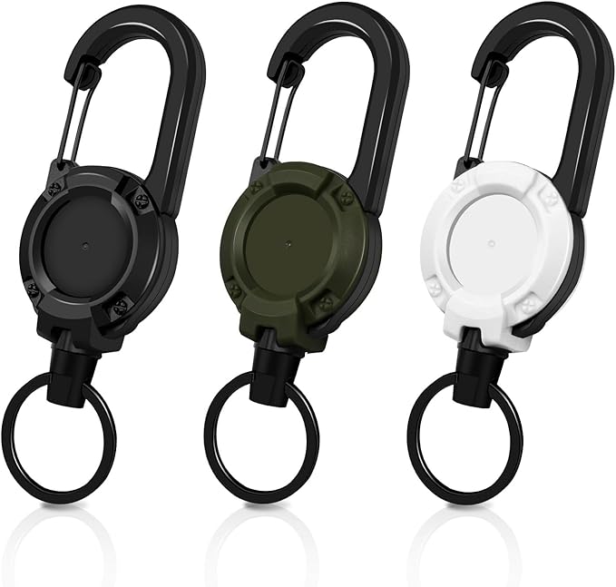 Heavy Duty Retractable Keychain, 3 Pack, Retractable ID Badge Holder Reel, Tactical ID Badge Reel, Key Ring Outdoor (Black, Dark Green, White)