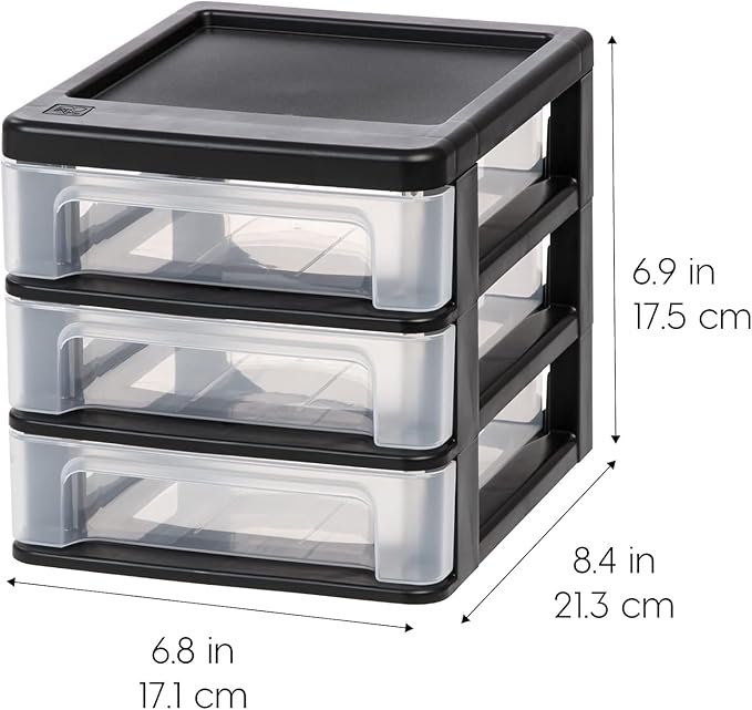 IRIS USA Plastic Stacking Desk Top 3-Drawer Storage Organizer, 2-Pack, for Makeup Vanity Nail Polish Bathroom Stationery Art Craft Supplies Kitchen Office Garage and Small Organization, Small, Black