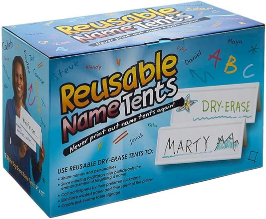 Trainers Warehouse Heavy Duty Premium Standard Size (11" x 4") Reusable Dry- Erase Name Cards | Boxed Set of 12 | Durable, Sturdy Tent Cards are Dual-Sided, Stackable and Simple to Use