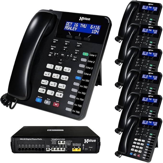 XBLUE X16 Plus Small Business Phone System Bundle with (7) XD10 Digital Phones - Capacity is (6) Outside Line & (16) Digital Phones - Includes Auto Attendant, Voicemail, Caller ID, Paging & Intercom