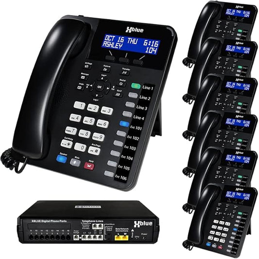 XBLUE X16 Plus Small Business Phone System Bundle with (7) XD10 Digital Phones - Capacity is (6) Outside Line & (16) Digital Phones - Includes Auto Attendant, Voicemail, Caller ID, Paging & Intercom