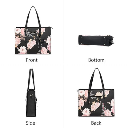 MOSISO Laptop Tote Bag Compatible with MacBook Air 15 inch M2 A2941/Pro 16 inch M3 M2 M1, 15-15.6 inch Notebook, Peony PU Leather Travel Work Briefcase with Detachable Bowknot & Small Purse, Black