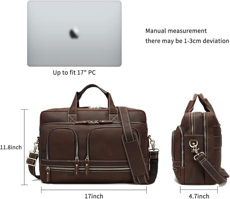 Full Grain 17.3" Leather Briefcase Messenger Laptop Bag For Men