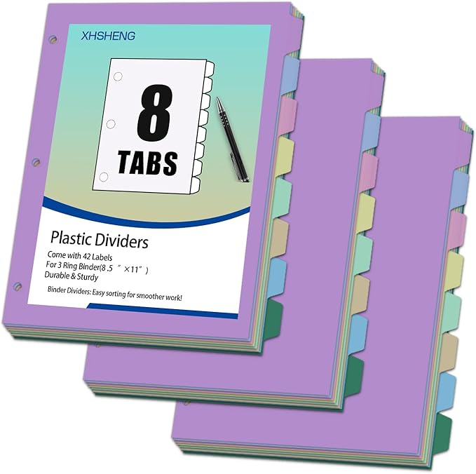 24Pcs/3 Sets Binder Dividers for 3 Ring Binder,8 Tab Binder Plastic Page dividers with Tab,8TAB Set,Multicolor