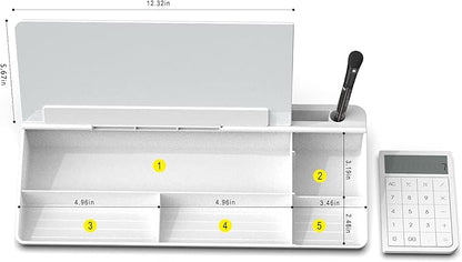 TOWON Desktop Glass Whiteboard with Basic Calculator, 12 Digit LCD Display, Desk Organizers with Accessories for Office, Home, School Supplies, Storage with Dry Erase Board Surface, White, 18'' x 6''