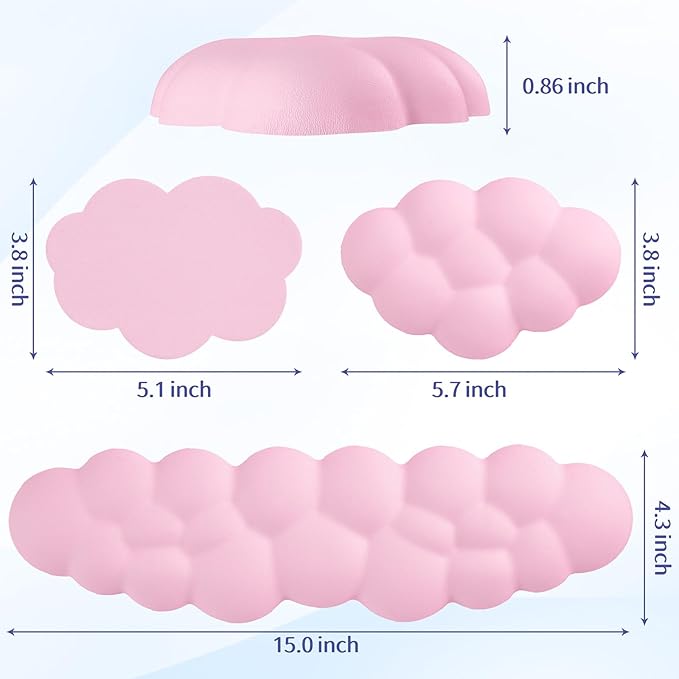 Cloud Wrist Rest Keyboard, Cloud Palm Rest Set with PU Leather Memory Foam, Cute Keyboard Rest for Wrist Support and Arm Rest, Desk Cloud Wrist Pad for PC/Gaming/Hand Cushion/Computer-Pink