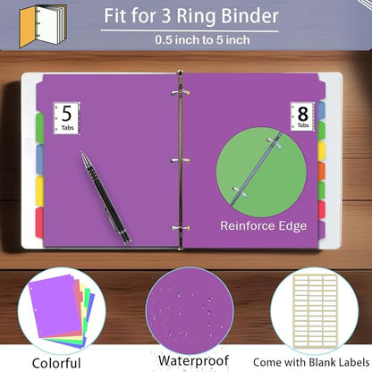 16Pcs/2 Sets Binder Dividers for 3 Ring Binder,8 Tab Binder Plastic Page dividers with Tab,8TAB Set,Multicolor