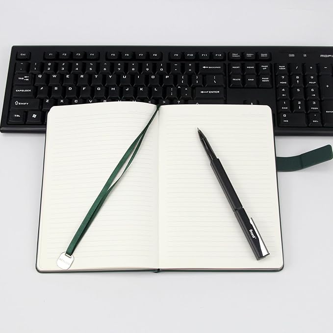 A5 Hard Cover Notebook with Pen Holder, Gold Edges & 180° Lay Flat - Large 5x8.25 Lined, Bookmark, Gift Box - Durable Journal for Office, Study, Travel - Writers, Students (Dark Green)