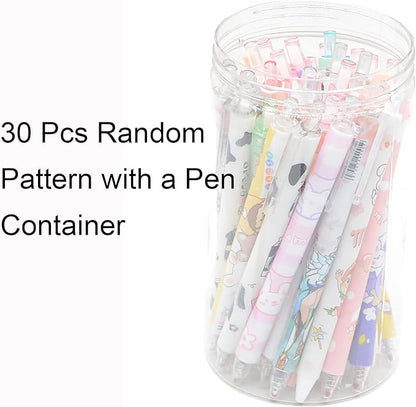 YIKANGHENG 30 Pcs Fine Point Cute Pens With a Pen Holder, 0.5mm 30 Different Random Styles Black Ink Kawaii Gel Pens for Office, Study, Gift and Home Supplies (30)