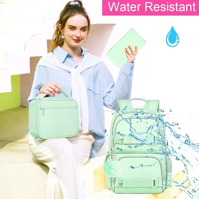 3PCS Laptop Bookbag for Girls, 17" Water Resistant School Backpack with Lunch Box, Cute Green School Bag Set for Women College Teenagers High Middle Elementary School
