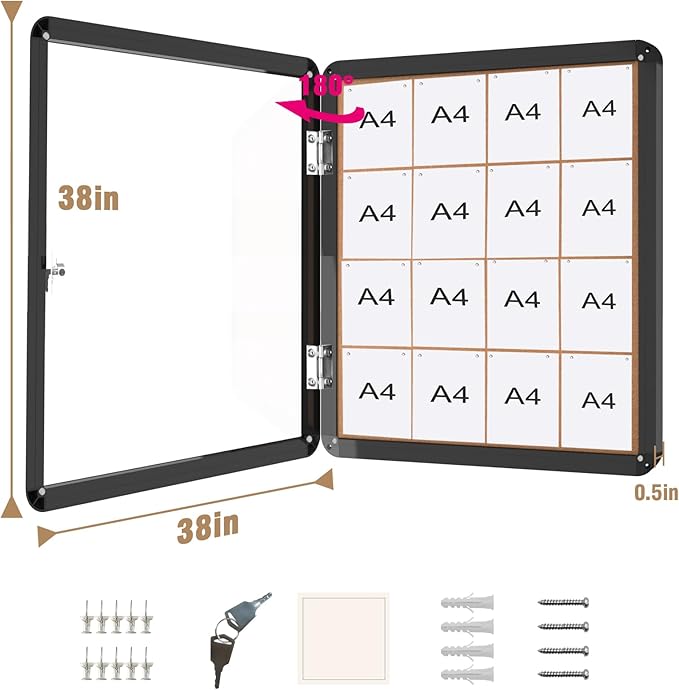 38"x38" Enclosed Bulletin Board, Lockable Weather-Resistant Aluminum Cork Noticeboard for School & Office, Black Frame w/Cork