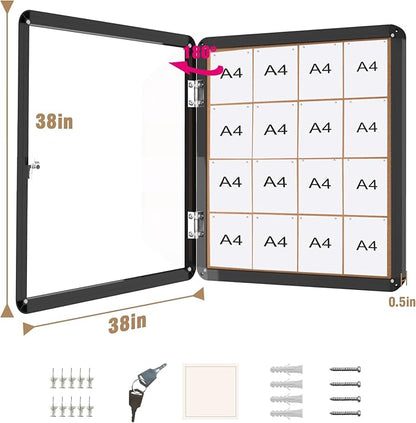 38"x38" Enclosed Bulletin Board, Lockable Weather-Resistant Aluminum Cork Noticeboard for School & Office, Black Frame w/Cork