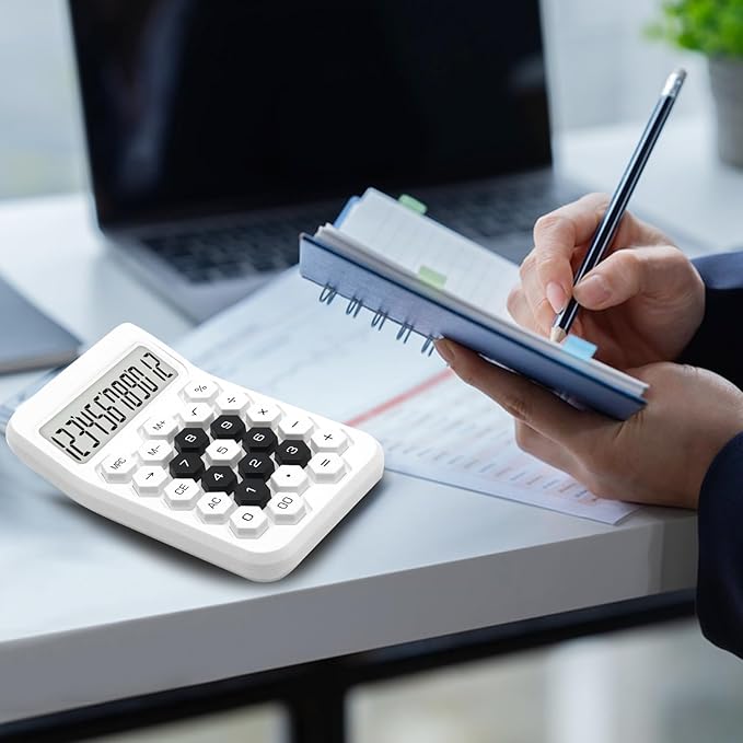 White Calculator, Standard Calculator,12 Digit Large LCD Display,Basic Office Calculator with Hexagonal Button,White Office Supplies and Desk Accessories,Gifts for Coworkers