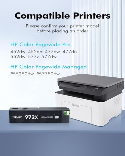 INK4U 972X Ink Cartridges Black High Yield Replacement for 972X 972A 972 Black Ink Cartridges for Color PageWide Pro 477dw Ink Cartridges 477dn 577dw 452dw 452dn 577z 552dw P55250dw Printer (1 Pack)