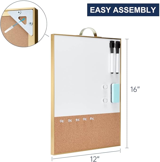 TSJ OFFICE Small Combination Board - 16" X 12" Portable Aluminum Gold Framed Magnetic Dry Erase Board for Wall, Small Bulletin Cork Board with Holder for Office, Home and School