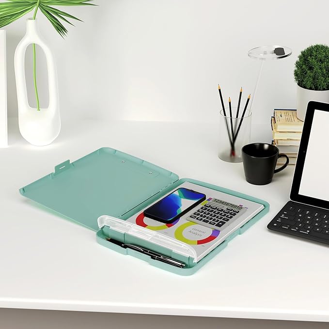 Piasoenc Clipboard with Storage, 8.5 x 11 Organization Box with Pen Holder and A4 Legal Paper Folder, Heavy Duty Plastic, Folio & Side-Opening, Low Profile Clip, for Nurses, Teachers, Teal