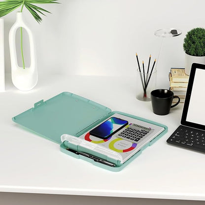 Piasoenc Clipboard with Storage, 8.5 x 11 Organization Box with Pen Holder and A4 Legal Paper Folder, Heavy Duty Plastic, Folio & Side-Opening, Low Profile Clip, for Nurses, Teachers, Teal